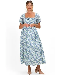 Pinkblush Maternity Blue Floral Smocked Ruffle Accent Midi Dress