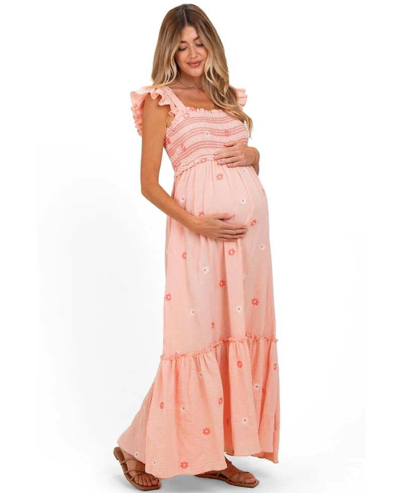 Pinkblush Maternity Peach Floral Embroidered Smocked Maxi Dress