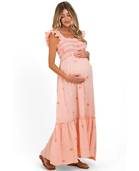 Pinkblush Maternity Peach Floral Embroidered Smocked Maxi Dress