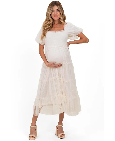 Pinkblush Maternity CreamTulle Puff Sleeve Smocked Midi Dress