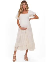 Pinkblush Maternity CreamTulle Puff Sleeve Smocked Midi Dress
