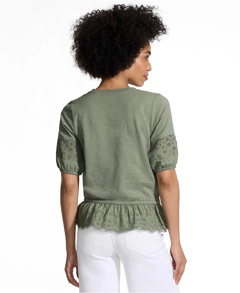 Lands' End Women's Elbow Sleeve Slub Lace Trim Adjustable Hem Top