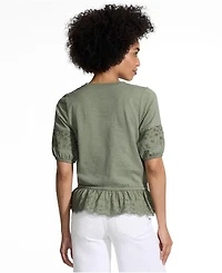 Lands' End Women's Elbow Sleeve Slub Lace Trim Adjustable Hem Top