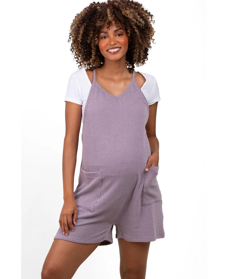 Pinkblush Maternity Purple Solid Ribbed V-Neck Sleeveless Front Pocket Romper