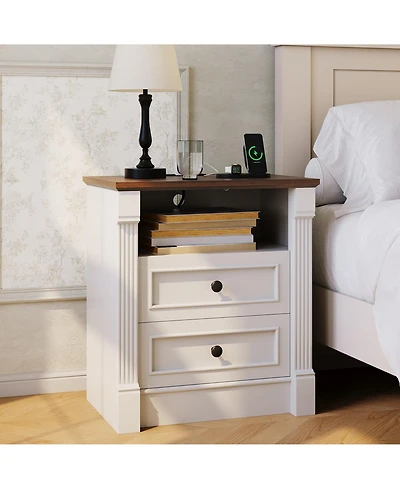 gaomon 23.6" Wide Farmhouse Nightstand with Charging Station and 2 Drawers, Rustic Wood Bedside Table, End Table for Bedroom Living Room