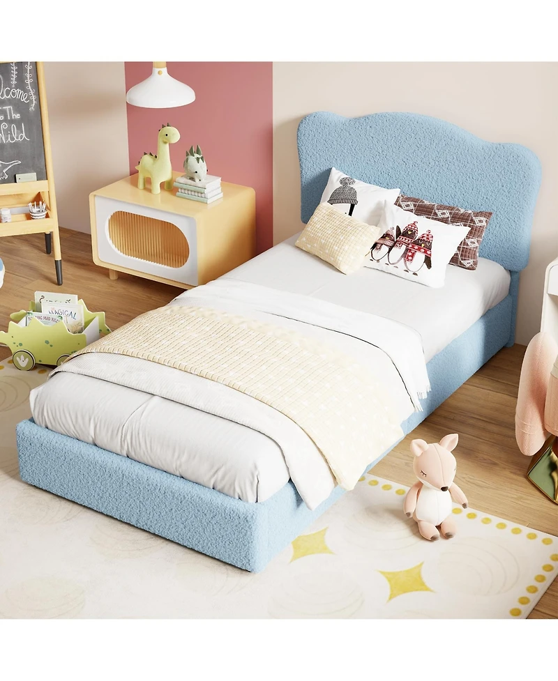 homfan Kids Upholstered Bed Frame with 2 Drawers, Twin/Full Platform Bed with Padded Headboard, Wood Slats