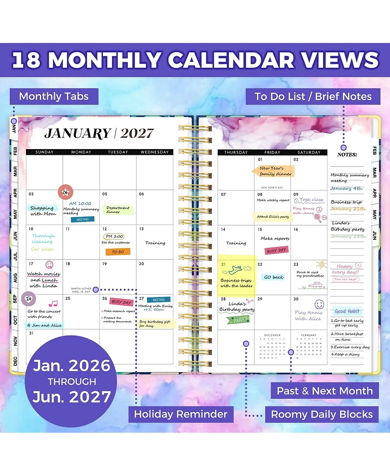 Gnuadz Planner18 Month Weekly Monthly Hardcover Calendar Tabs Pocket Bookmark Stickers Sticky Notes Navy Floral 2026-2027