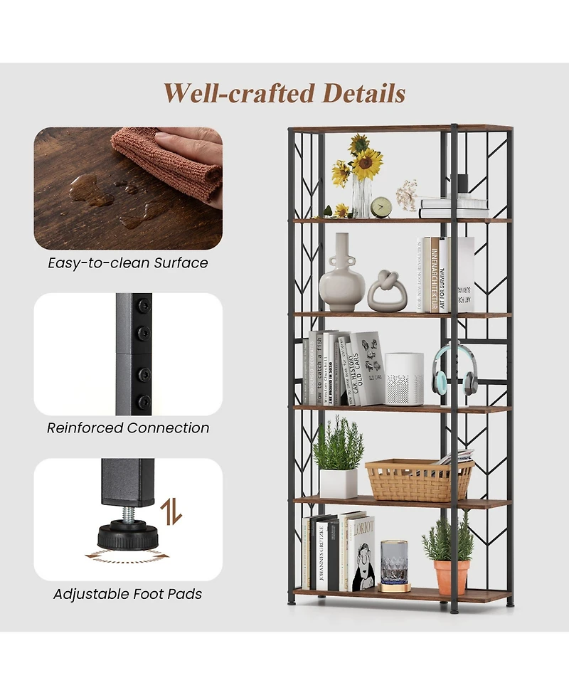 Gymax 6-Tier Bookshelf with Heavy-duty Metal Frame2 Anti-tipping Kits for Living Room