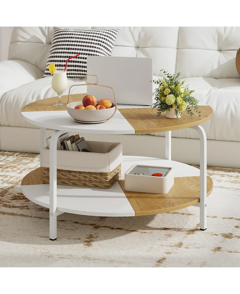 Gymax 2-Tier Round Coffee Table With Storage Shelf Metal Frame for Living Room Apartment