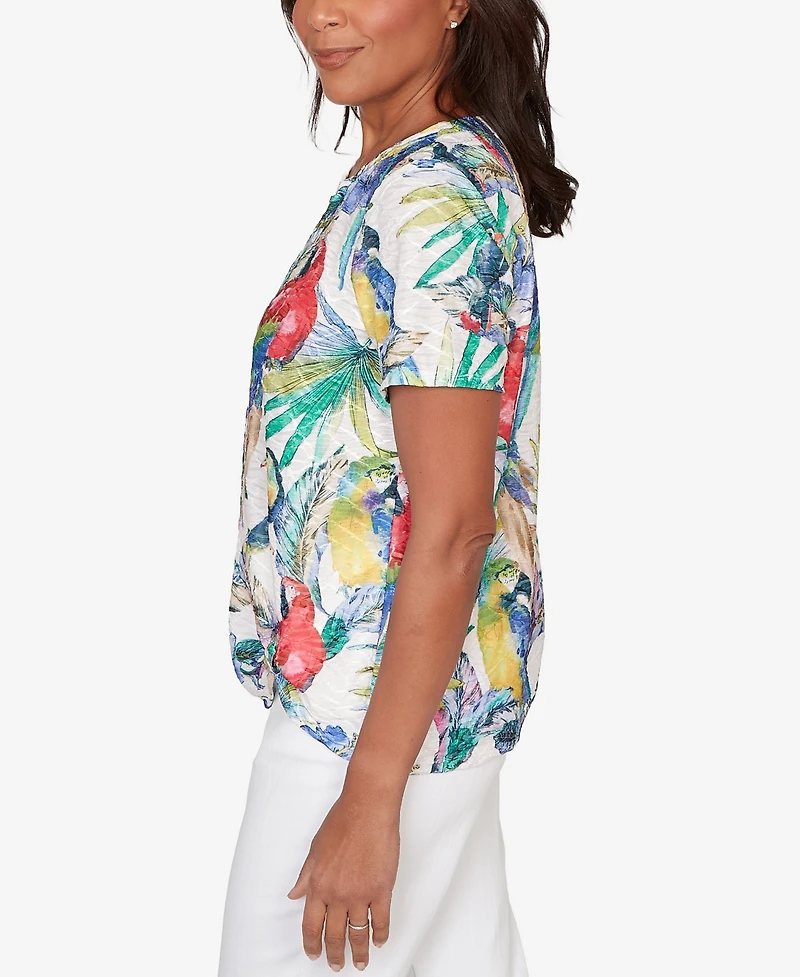 Alfred Dunner Petite Parrot Tropical Beaded Neck Top
