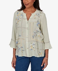Alfred Dunner Petite Indigo Girls Floral Embroidered Squares Button-Front Top