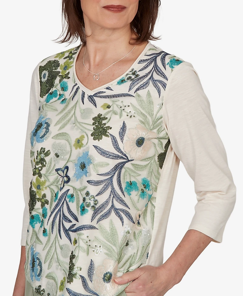 Alfred Dunner Petite Indigo Girls Sequined Floral Mesh Overlay Knit Top
