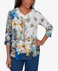 Alfred Dunner Petite Indigo Girls Placed Texture Floral Knit Top