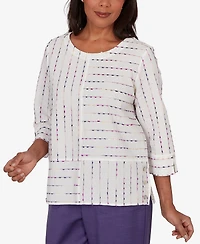 Alfred Dunner Petite Grand Bazaar White Textured Rainbow Stripe Top