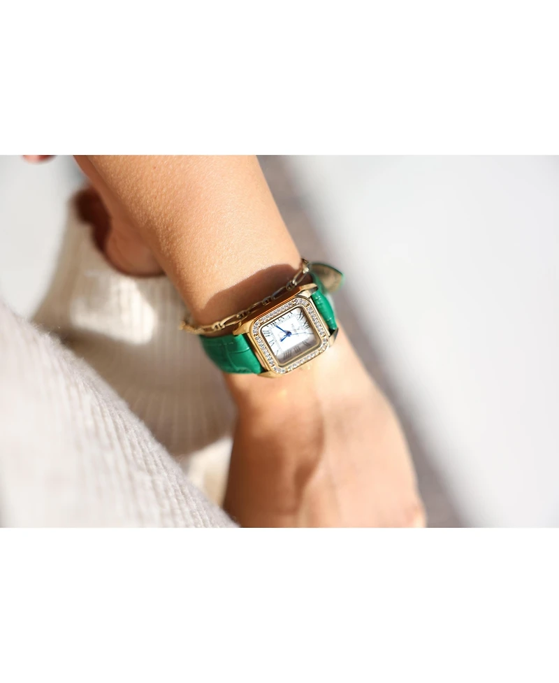 Peugeot Women's Tank Watch with Crystal Bezel Leather Strap