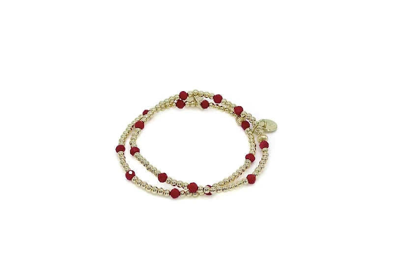 Bowood Lane Non-Tarnishing Gold filled, 3mm Gold Ball and Ruby Glass Bead Stretch Bracelet