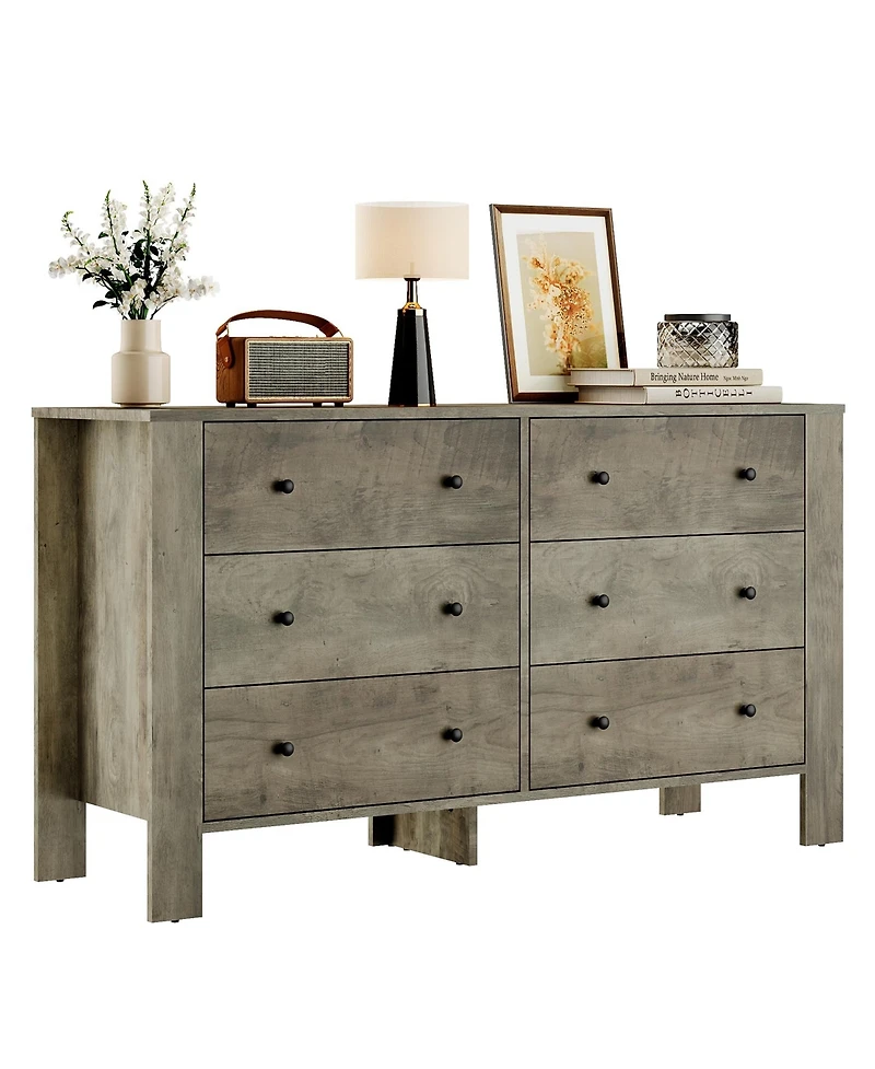 homfan Wide 6 Drawer Dresser for Bedroom - Modern Wooden Chest with Deep Storage Drawers, Metal Knobs Ideal Kids Room, Entryway, Hallway