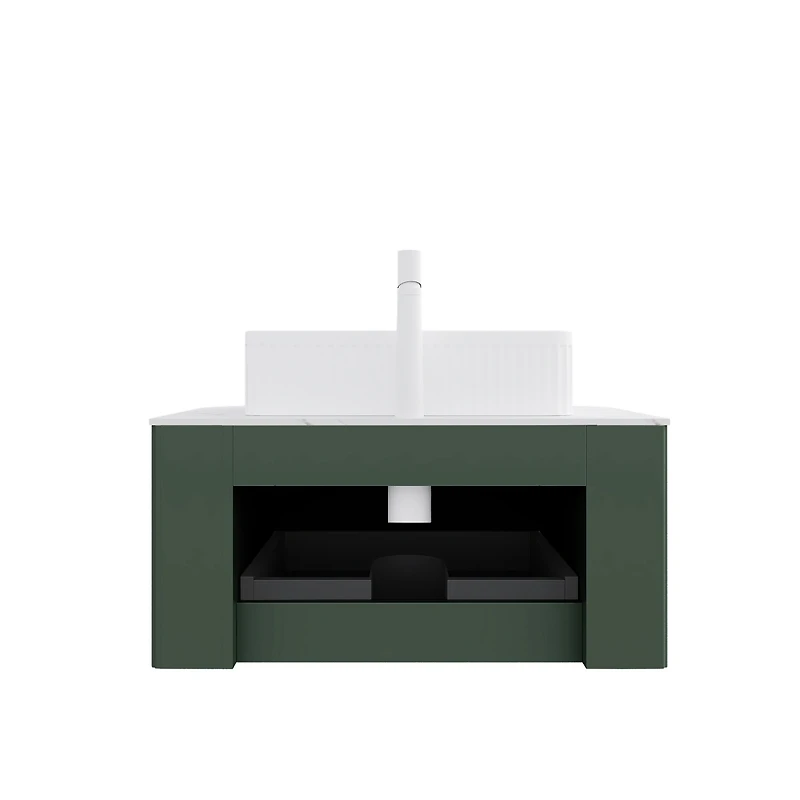 Sillysis Light Green Wall Mounted Bathroom Vanity with Ceramic Sink, Plywood Cabinet, Soft Close Striped Drawer, Pre-assembled