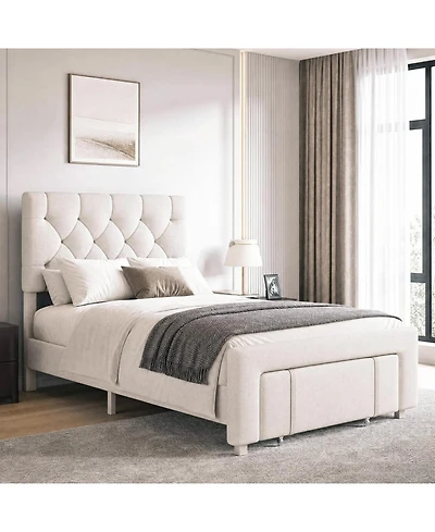 Homfan upholstered platform bed with padded headboard, wood slats, and 2 storage drawers-no box spring needed, twin or queen.