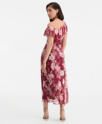 Trixxi Juniors' Floral Print Lace One-Shoulder Midi Dress