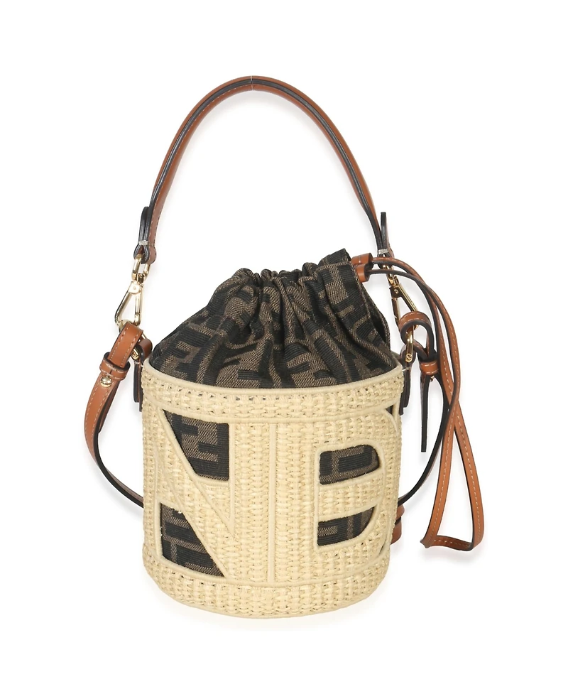 Pre-Owned Fendi Beige Brown Raffia Zucca Canvas Ff Step Out Bucket Bag