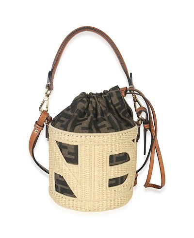 Pre-Owned Fendi Beige Brown Raffia Zucca Canvas Ff Step Out Bucket Bag