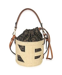 Pre-Owned Fendi Beige Brown Raffia Zucca Canvas Ff Step Out Bucket Bag