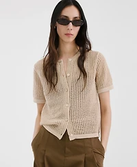 Mango Women's Lace Design Short-Sleeved Knitted Cardigan Sweater