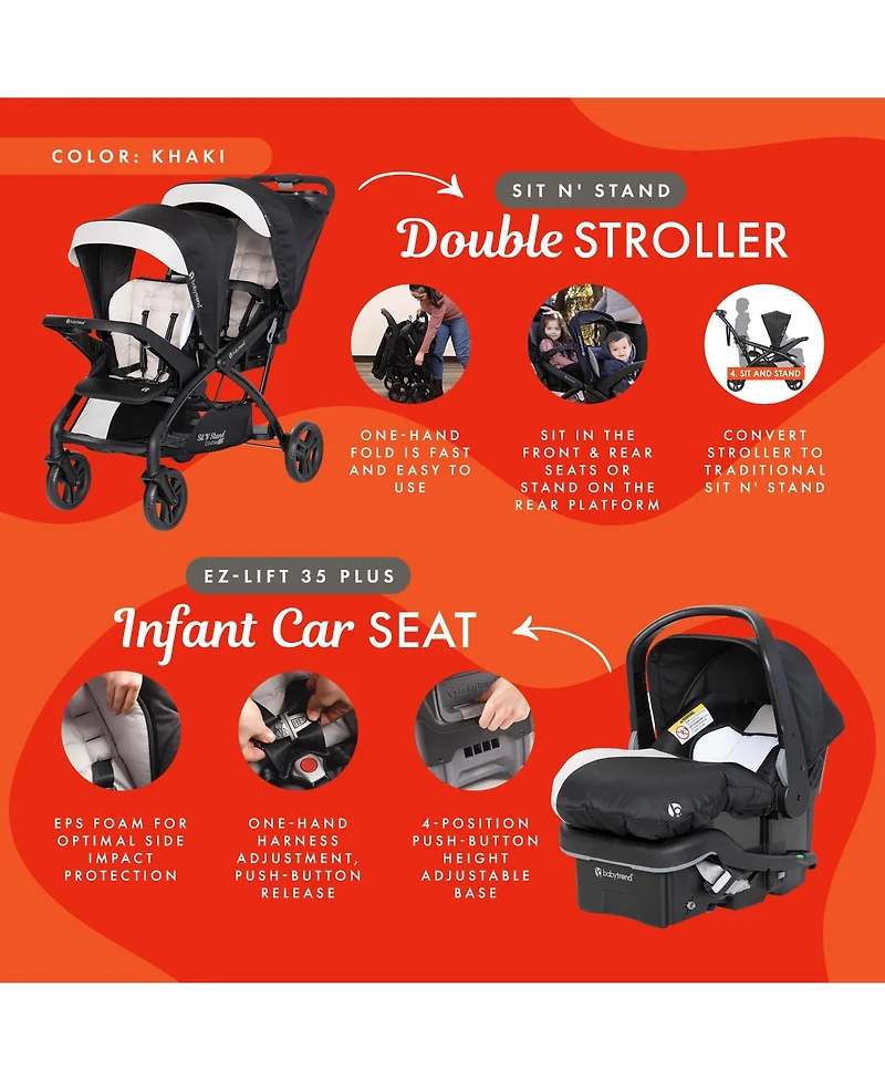 Baby Trend Sit N' Stand Double Stroller with Ez-Lift Plus Infant Car Seat, Khaki