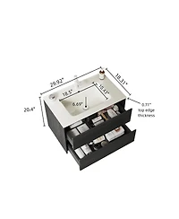 Sillysis 30 Inch Wall-Mounted Bathroom Vanity with Ceramic Sink, 2 Soft Close Drawers, Modern Black Plywood Storage Cabinet