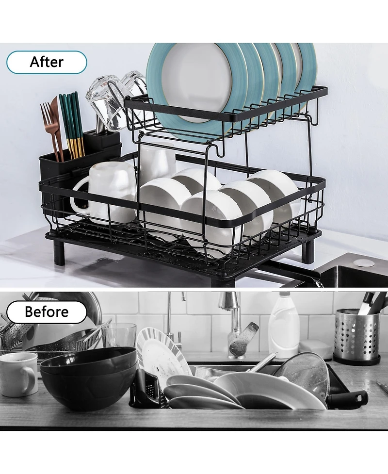 Sugift 2-Tier Detachable Dish Drying Rack Stainless Steel Rack with Cutlery Box and Cup Holder