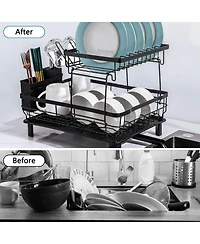 Sugift 2-Tier Detachable Dish Drying Rack Stainless Steel Rack with Cutlery Box and Cup Holder