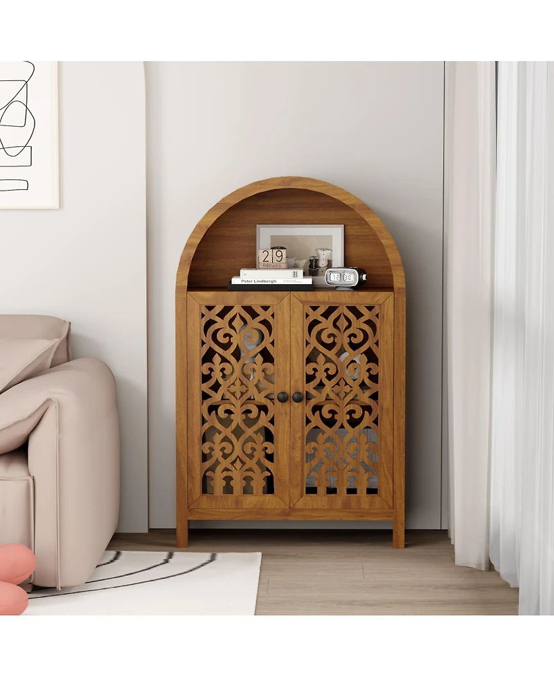 Streamdale Furniture Hand-Carved Solid Wood Arched Storage Cabinet with Open Shelf