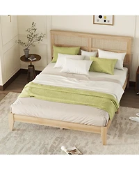 Clihome Queen Size Rubber Wooden, Solid Wooden Bed with Rattan Headboard, Enhanced by Support Feet