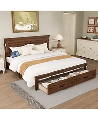 Clihome King Size Bed with Tall-Panel Headboard and Footboard, 2 Storage Drawers, Built-in Led Lights