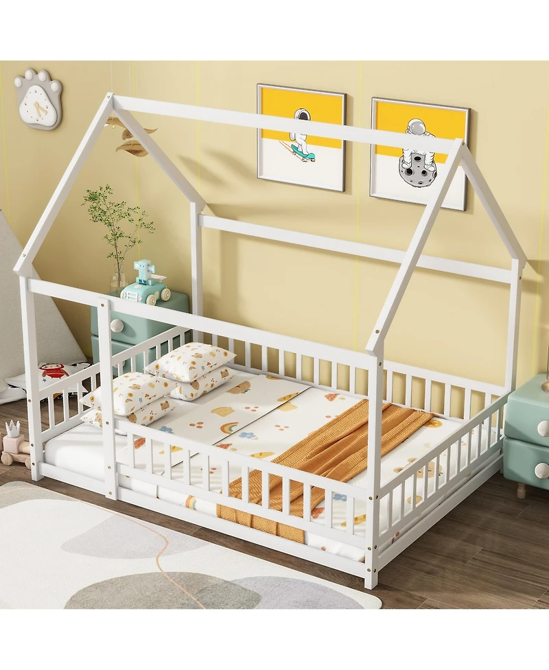 Clihome Full Size House Floor Wooden Bed with Roof Frame, Safety Guardrails