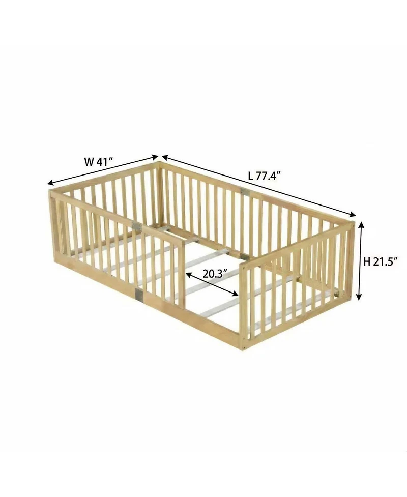 Clihome Floor Bed with High Fence Railings, with Door,6 Slats Included