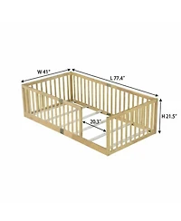 Clihome Floor Bed with High Fence Railings, with Door,6 Slats Included
