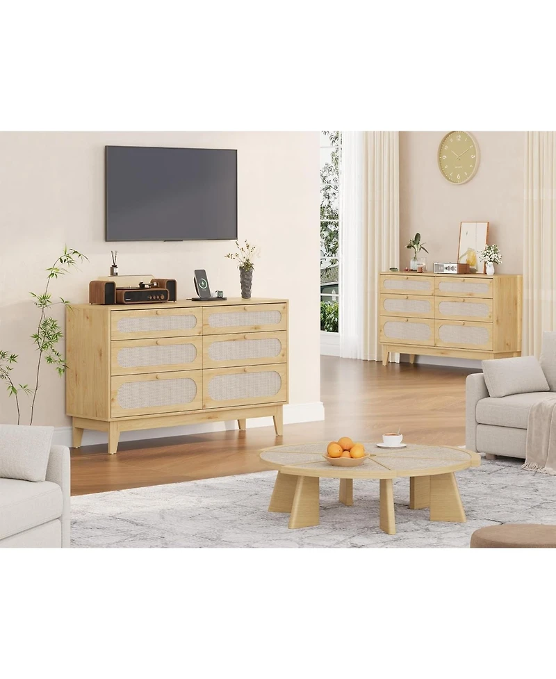 gaomon 6 Chests of Drawers Storage for Bedroom, Rattan Drawer Dresser, with Usb Ports and Outlets, Rattan Storage Dresser for Living Room