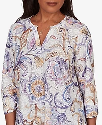 Alfred Dunner Women's Grand Bazaar Jacobean Floral Split Neck Top