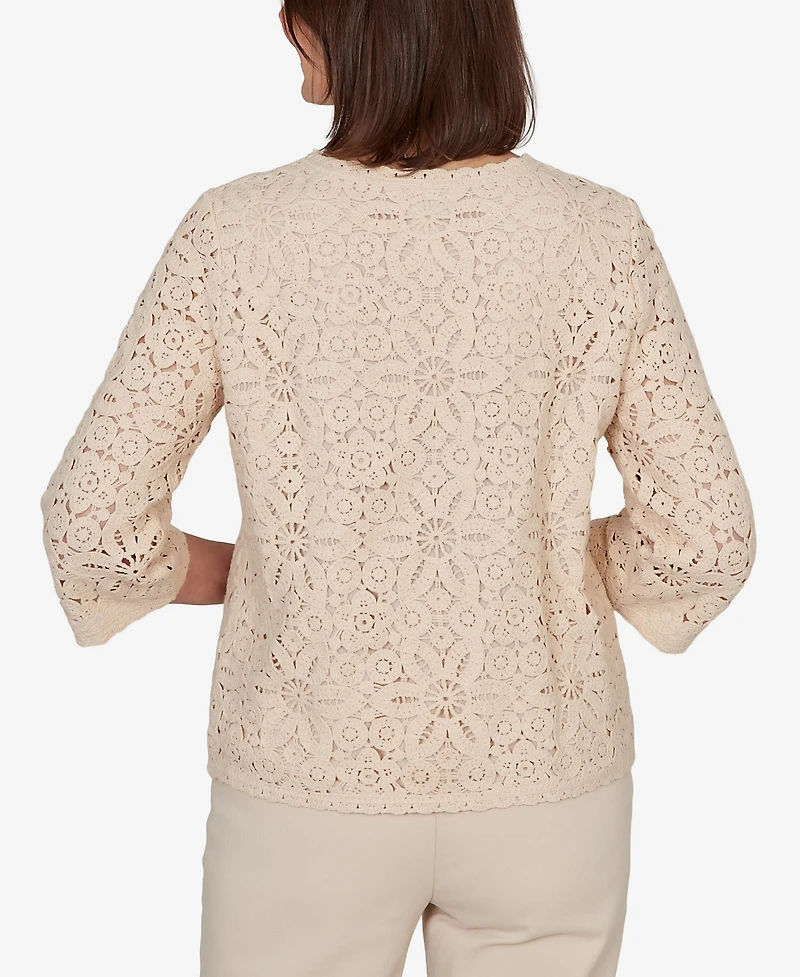Alfred Dunner Women's Camden Market Floral Crochet Lined Knit Top