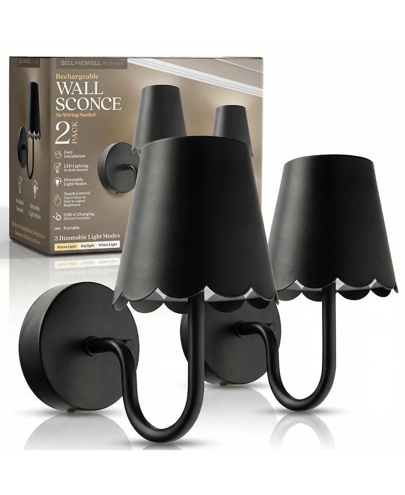 Bell + Howell Set of 2 Metal Scallop Shade Dimmable Led Rechargeable Cordless Touch Control Lights Wall Sconces