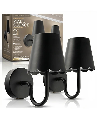 Bell + Howell Set of 2 Metal Scallop Shade Dimmable Led Rechargeable Cordless Touch Control Lights Wall Sconces