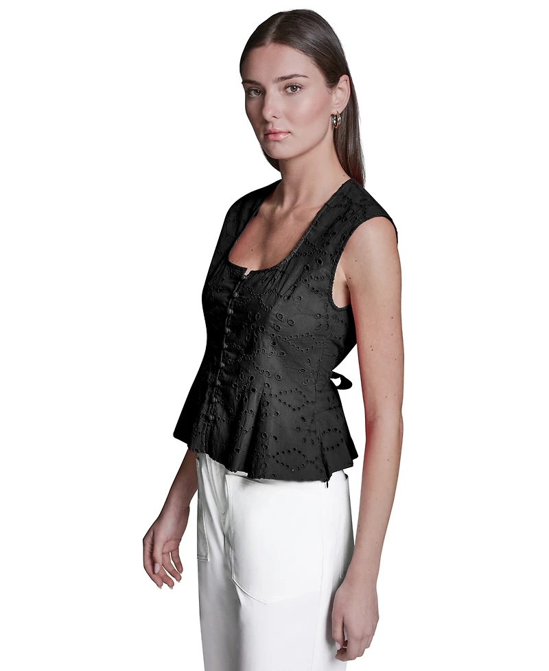 Bcbg Women's Eyelet Detail Sleeveless Square Neck Peplum Top