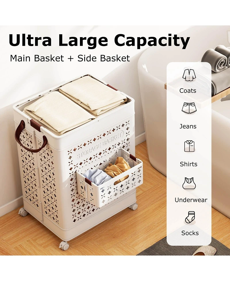 Costway Collapsible Laundry Basket Movable Laundry Cart with Side Basket, Lockable Wheels
