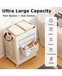 Costway Collapsible Laundry Basket Movable Laundry Cart with Side Basket, Lockable Wheels