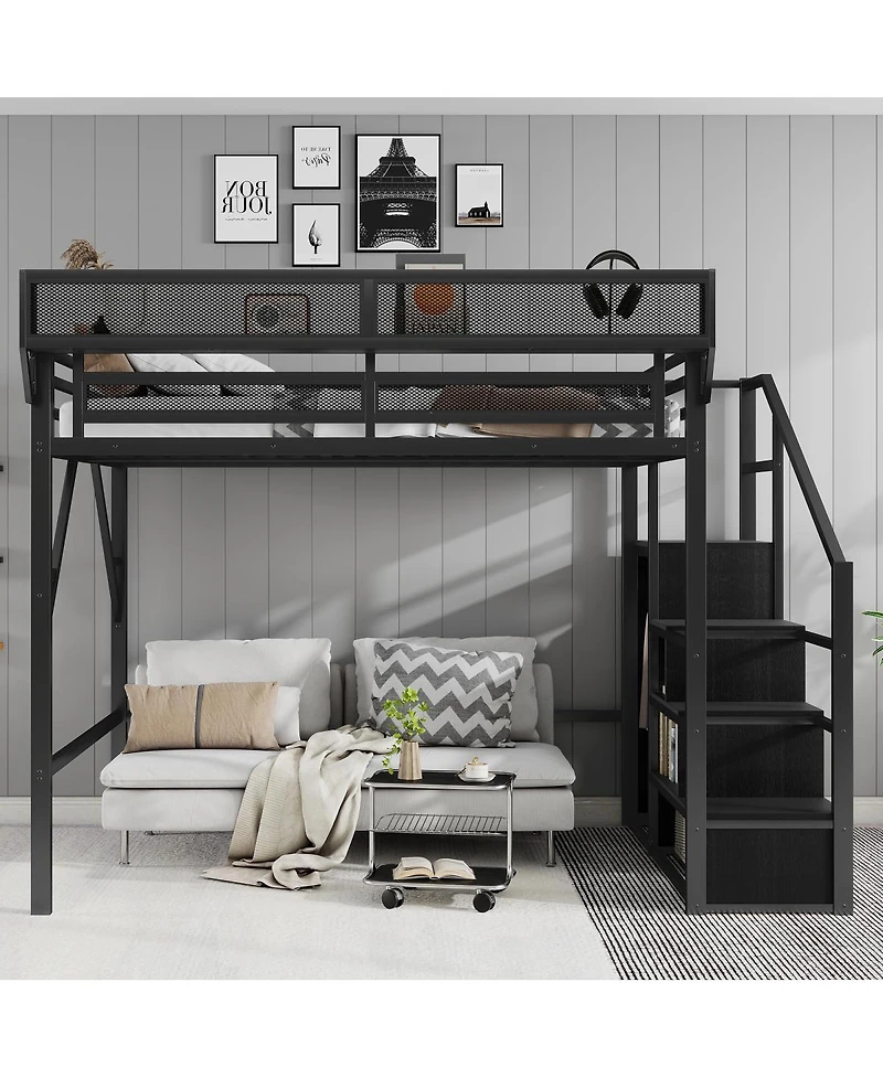 Streamdale Furniture Full Size Metal Loft Bed with Stairs, Storage Shelves, and Wardrobe