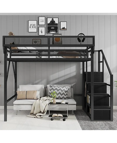 Streamdale Furniture Full Size Metal Loft Bed with Stairs, Storage Shelves, and Wardrobe