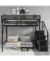 Streamdale Furniture Full Size Metal Loft Bed with Stairs, Storage Shelves, and Wardrobe