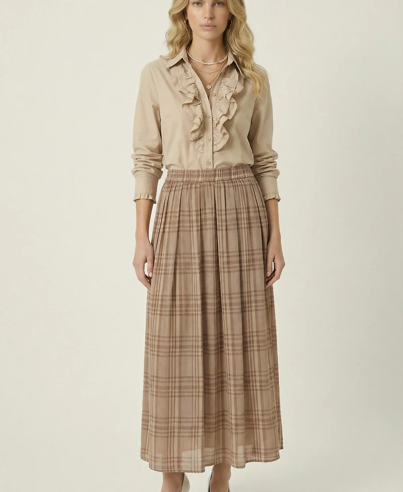 Modenaire Women's Plaid Pleated Maxi Skirt With Side Pockets